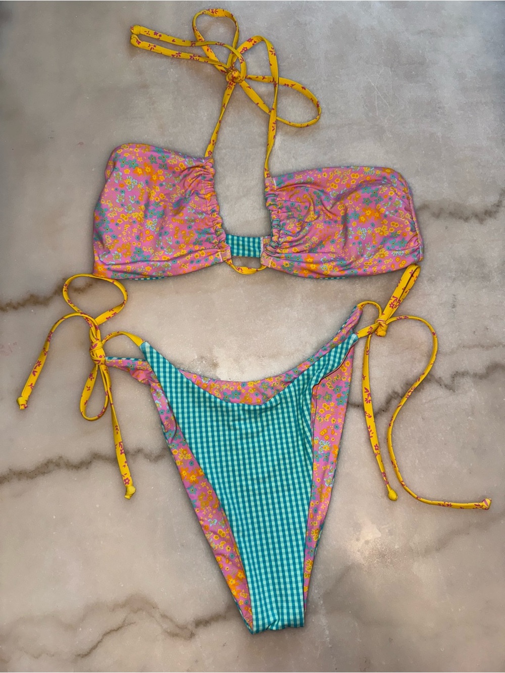 Billabong Yellow Floral & Teal Gingham Reversible 2 piece Bikini
